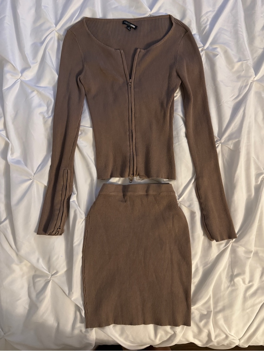 Women’s Two Piece Matching Set Double Zip Sweater Long Sleeve Ribbed Knit Skirt